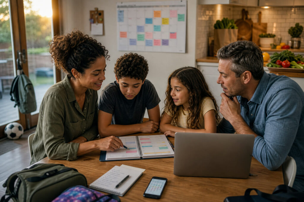A family around the kitchen table coordinating a shared calendar, chores, and budget with color‑coded notes and a grocery list.