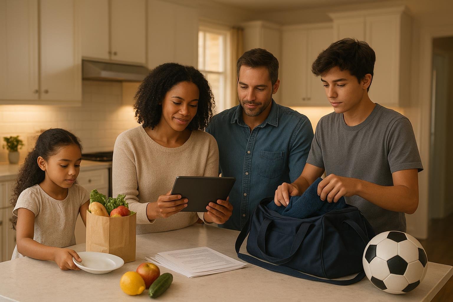 Family coordinating evening routines together around a kitchen island