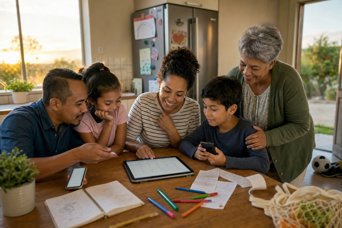 A multigenerational family calmly plans schedules and household details together at the kitchen table.