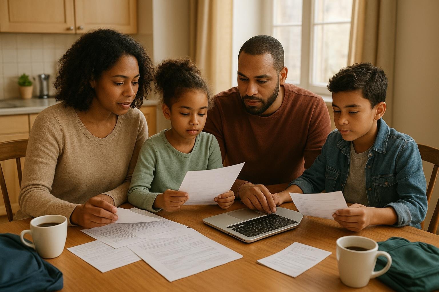 Family organizing finances, calendars, and household plans together at the kitchen table