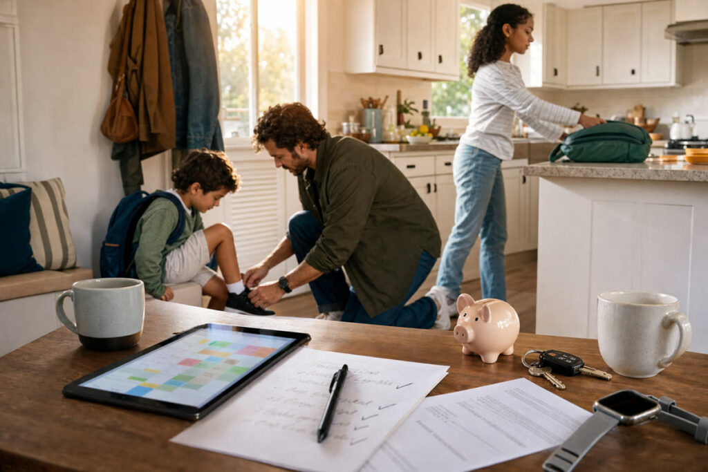 A family moves through its morning routine while their shared calendar and household details sit ready on the kitchen table.