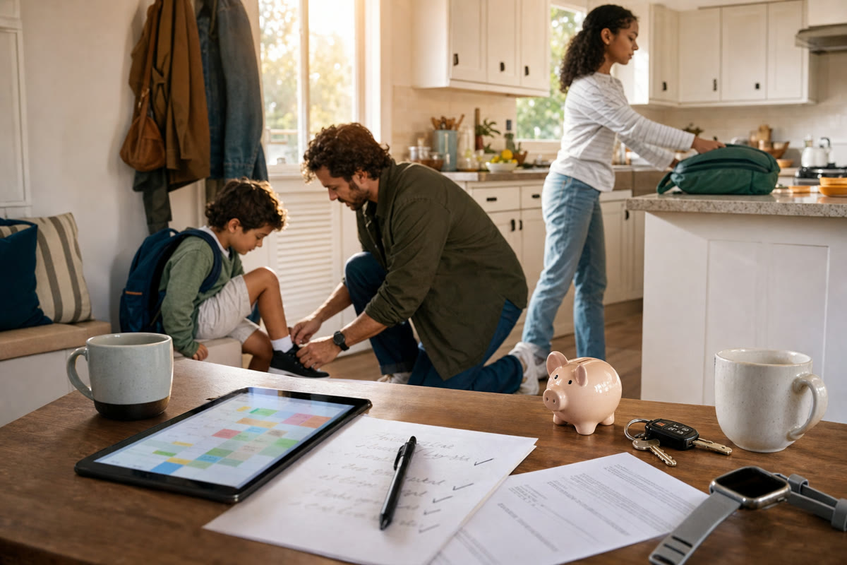 A family moves through its morning routine while their shared calendar and household details sit ready on the kitchen table.