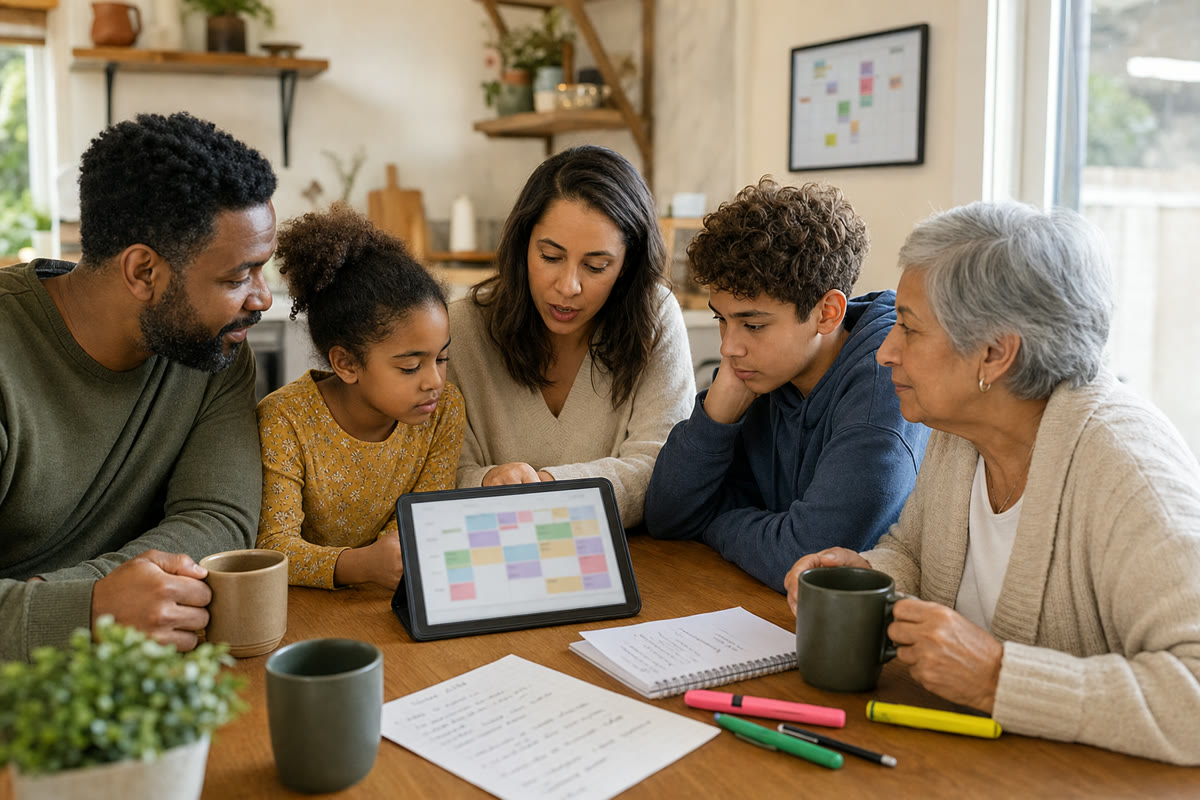 A family at the kitchen table color-coding their shared weekly calendar and household budget together.