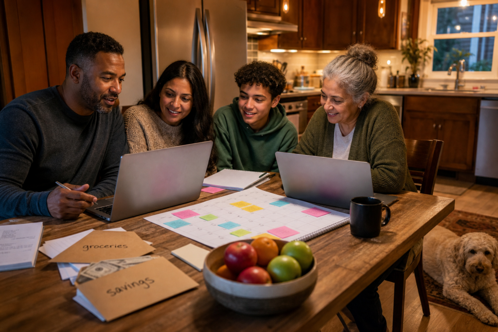 A family planning their week together with a calendar, task list, and budget envelopes on a kitchen table.