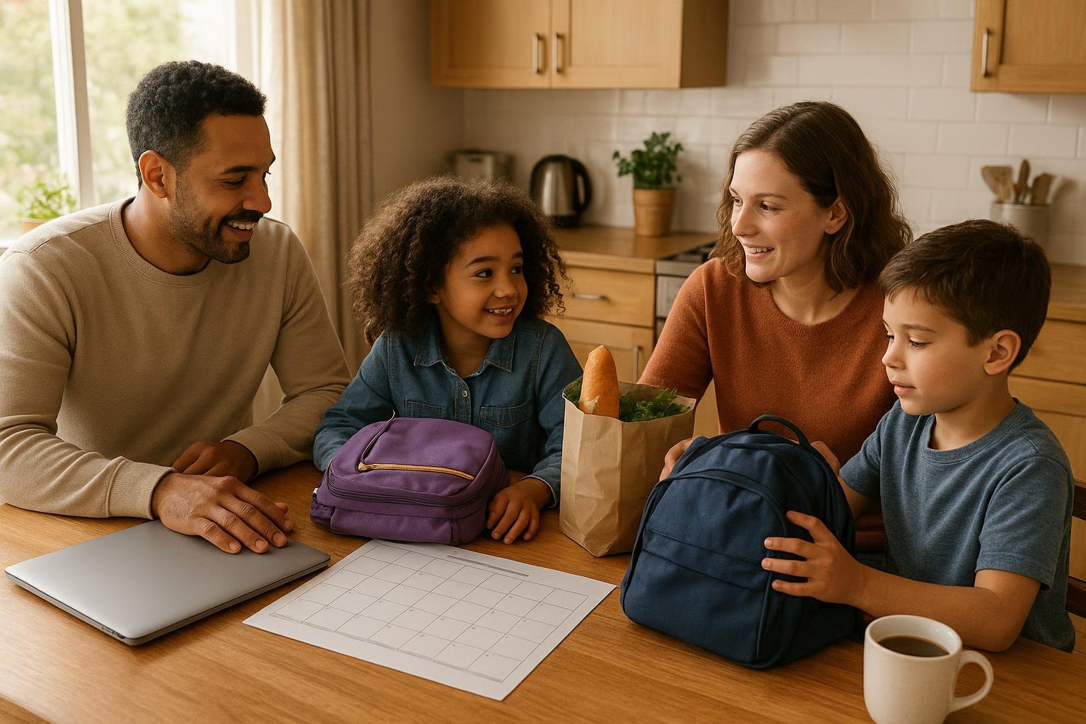 Family planning weekly tasks and goals together at a kitchen table