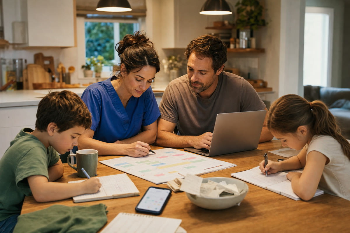 Parents coordinate a shared family calendar while their children finish homework nearby.
