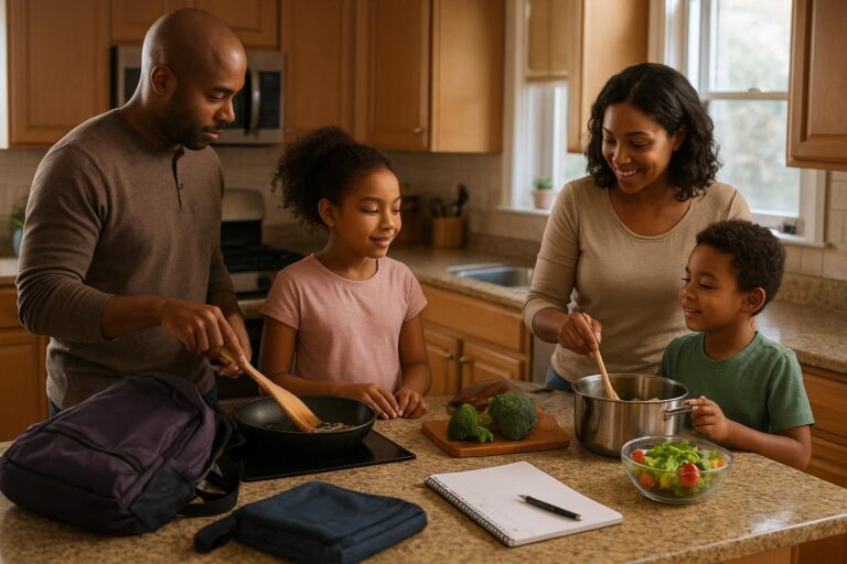 Family coordinating household plans together in a warm kitchen