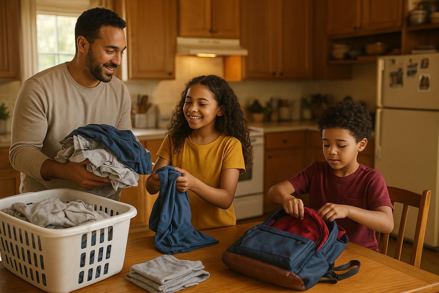 Parent and two children sorting laundry together near a kitchen table with a family calendar and school bags in the background